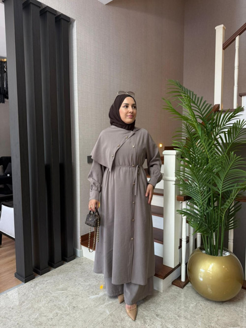 Asimetrik Yakalı Modal Kumaş Pantolonlu Takım – Gri | Siyah | Haki | Vizon