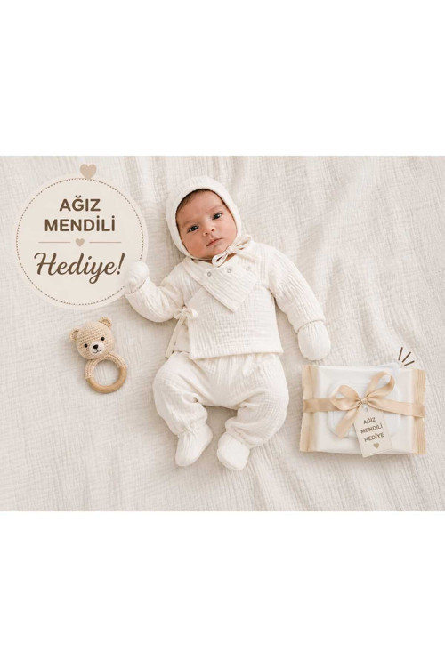 Organik Müslin Yenidoğan Hastane Çıkışı Seti Ekru
