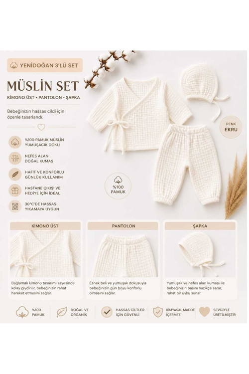 Organik Müslin Yenidoğan 3'lü Hastane Çıkışı Seti – Ekru | Kimono Üst, Pantolon ve Şapka | %100 Pamuk Bebek Seti