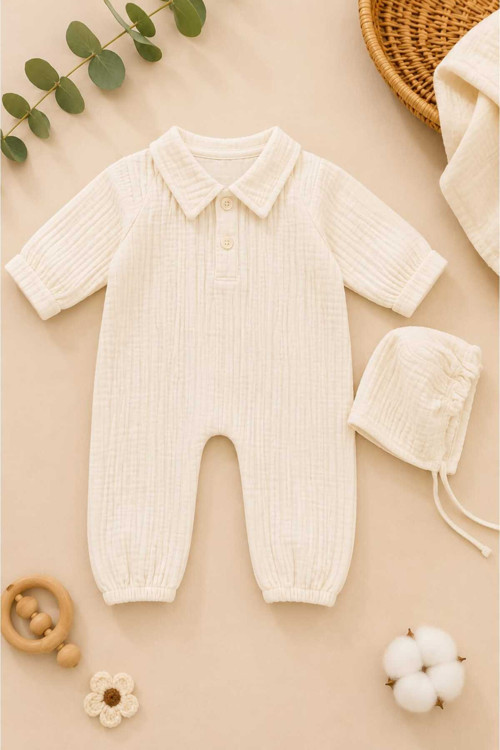 Bebek Tulumu ve Şapka Seti – Unisex Yenidoğan Takımı hastane çıkışı – Krem 0-3 Ay %100 Pamuk Müslin