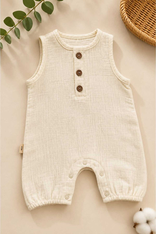 Bebek Tulumu 0-3 Ay –%100 Pamuk Müslin Unisex Nefes Alan Yumuşak Yazlık Tulum – Krem
