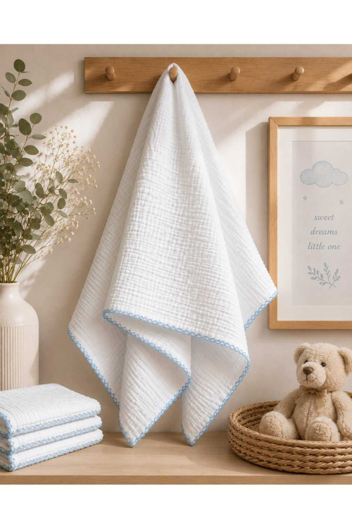4 Kat Ön Yıkamalı Müslin Bebek Battaniyesi | Çekme Yapmaz | El Örgüsü Kenarlı | 90x90 cm | Mavi
