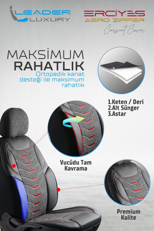 Isuzu D-Max Uyumlu Lüx Deri Detaylı Keten Oto Koltuk Kılıfı Ön Arka Takım Erciyes SİYAH