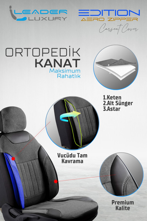 Chery Alia Uyumlu Lüx Deri Detaylı Keten Oto Koltuk Kılıfı Ön Arka Takım Edition Serisi FÜME