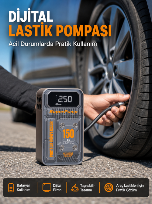 popüler 150 PSI Kablosuz Dijital Ekranlı Taşınabilir Araç Lastik Pompası 2026