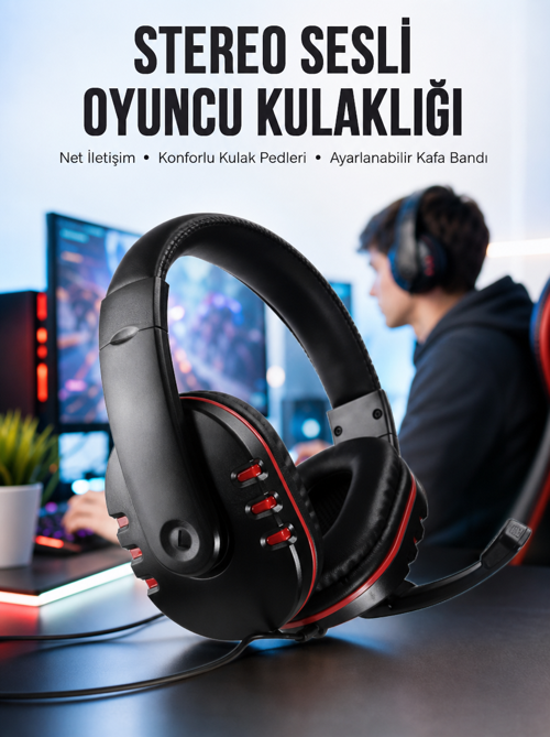 popüler Oyuncu Kulaklığı Kulak Üstü Kablolu Stereo Mikrofonlu Yumuşak Kulak Yastığı Yeni N