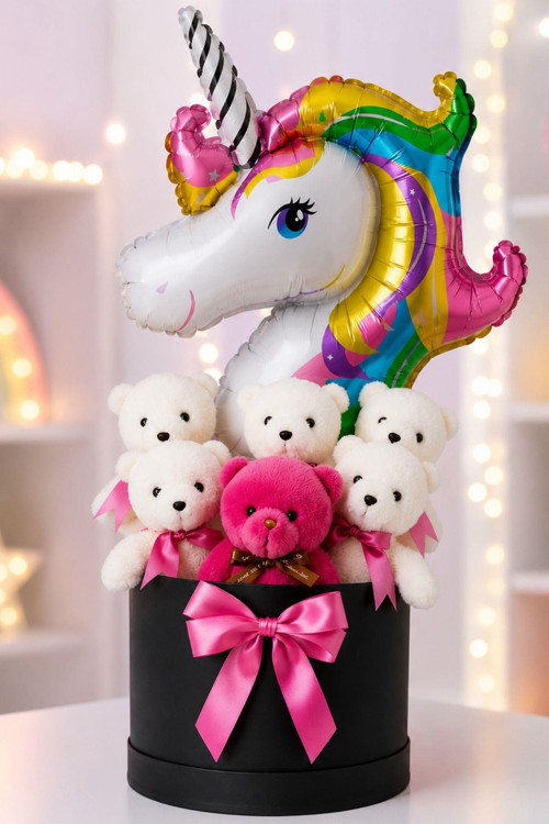 Unicorn Balonlu 6 Peluş Ayıcıklı Premium Hediye Kutusu | Kız Çocukları İçin Eğlenceli Doğum Günü Hediyesi