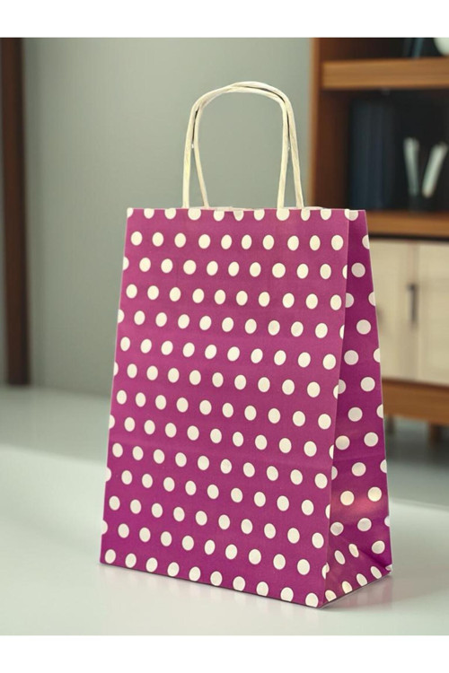 1.Kalite 18x8x24 Cm (1 Adet) Mor Renk Beyaz Benekli Kraft Kağıt Çanta,Hediye Poşeti,Hediye Paketi