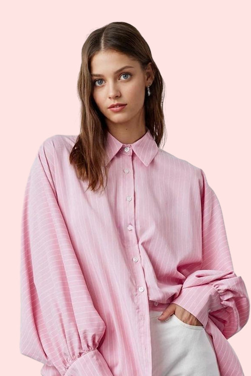 Kadın Çizgili Oversize Gömlek Uzun Kollu Rahat Günlük Stil Hafta Sonu Yaz Aylarının Vazgeçilmezi