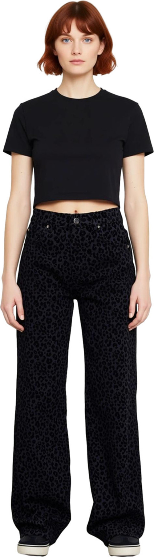 Kadın Leopar Desenli Pamuk Jean Pantolon Yüksek Bel Wide Leg Casual Tarz Dayanıklı Malzeme