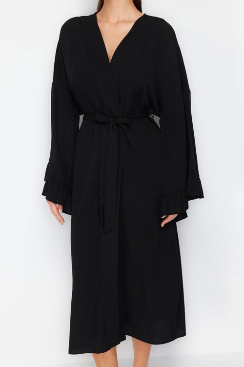 Moda Dokuma Regular Kalıp Uzun V Yaka Normal Kol Flamlı Pamuk Eteği Fırfırlı Düz Desen Kimono Kaftan