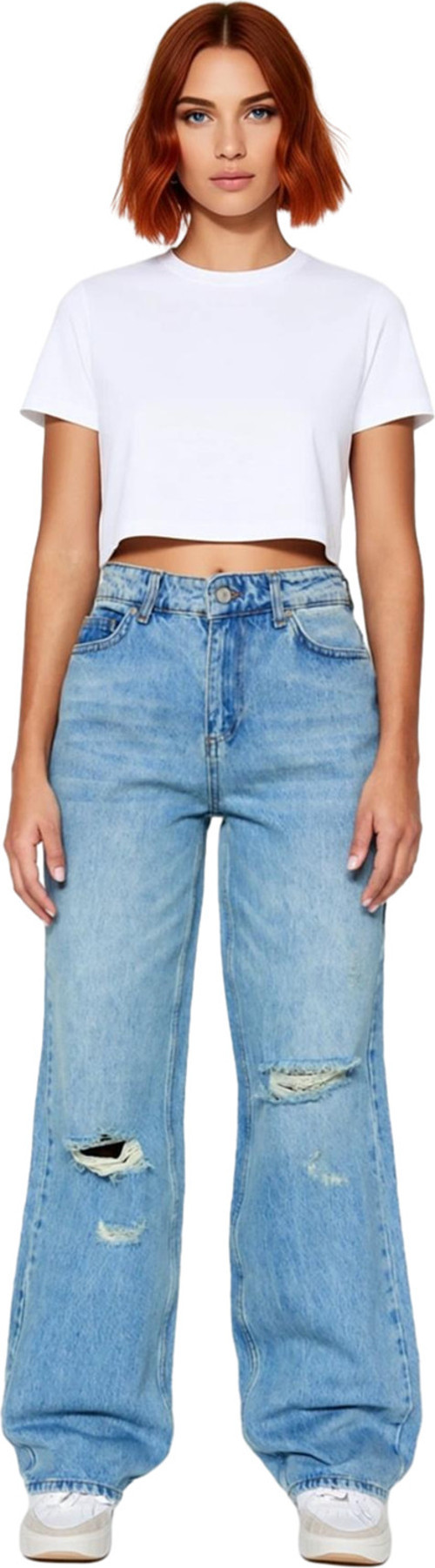 Stil Kadın Moda Denim Kot Pantolon Regular Geniş Paça Vintage Yırtık Detaylı Düşük Bel Jeans