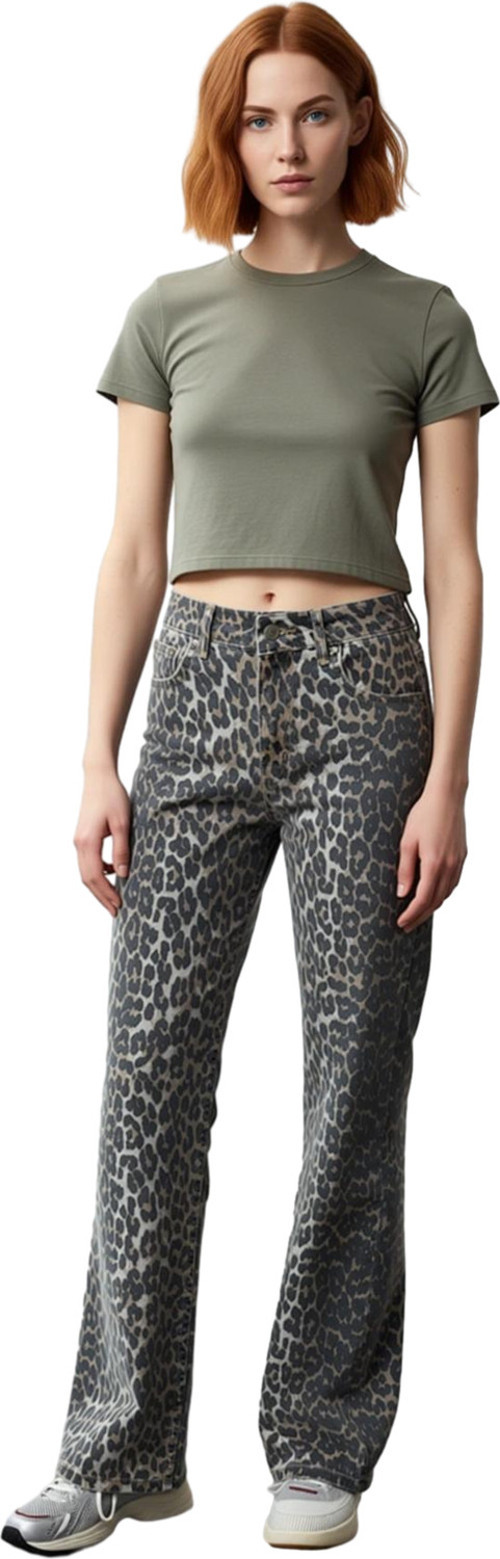 Kadın Leopar Desenli Denim Pantolon Yüksek Bel Wide Leg Rahat Günlük Kullanım Modern Tasarım