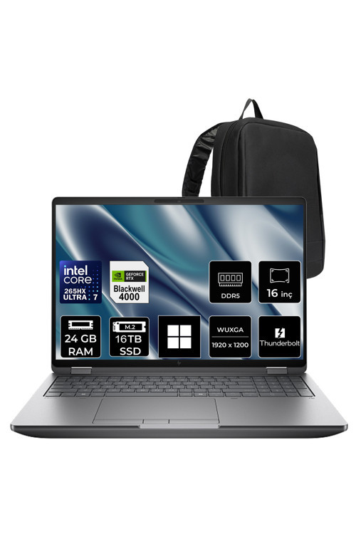 ZBook Fury G1i Core Ultra 7 265HX RTX Pro 4000 Blackwell 16GB 24GB RAM 12TB SSD 16" FHD+ Win11 Pro C65H8ESPN515 İş İstasyonu + PER4 Çanta