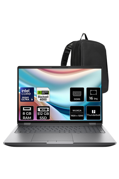 ZBook Fury G1i Core Ultra 9 285HX RTX Pro 4000 Blackwell 16GB 8GB RAM 512B SSD 16" FHD+ FreeDOS C65G3ESPN302 İş İstasyonu + PER4 Çanta
