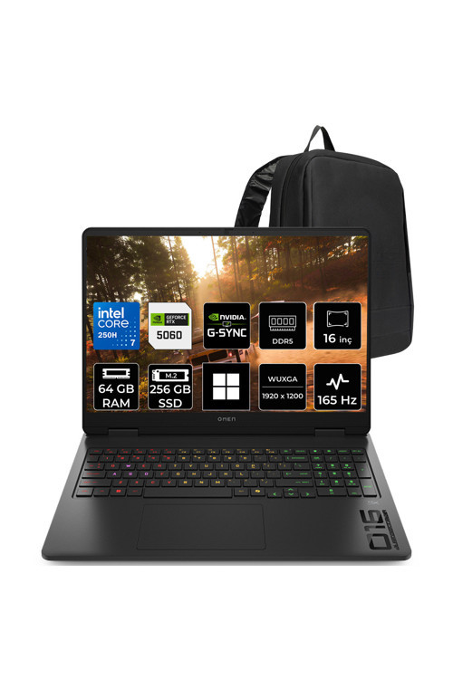 Omen 16 Core 7 250H RTX 5060 8GB 64GB RAM 256GB SSD 16" WUXGA 165Hz Win11 Home BQ9A9EAP337 Gaming Laptop + PER4 Çanta