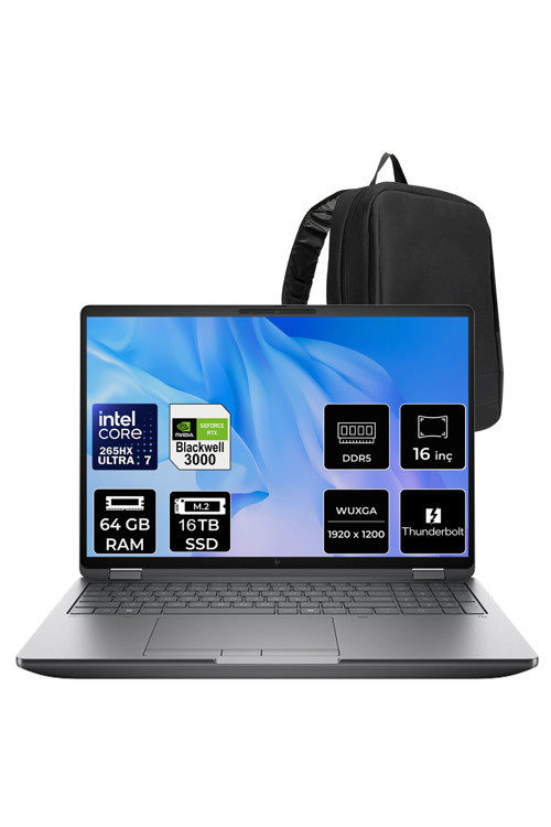 ZBook Fury G1i Core Ultra 7 265HX RTX Pro 3000 Blackwell 12GB 64GB RAM 16TB SSD 16" FHD+ FreeDOS 5F9Q8ESPN356 İş İstasyonu + PER4 Çanta