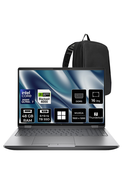 ZBook Fury G1i Core Ultra 7 265HX RTX Pro 4000 Blackwell 16GB 48GB RAM 12TB SSD 16" FHD+ Win11 Home C65H8ESPN443 İş İstasyonu + PER4 Çanta