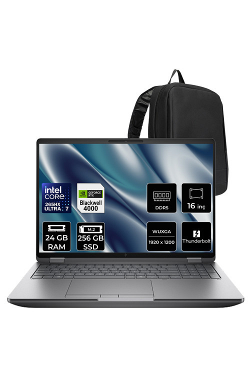 ZBook Fury G1i Core Ultra 7 265HX RTX Pro 4000 Blackwell 16GB 24GB RAM 256GB SSD 16" FHD+ FreeDOS C65H8ESPN317 İş İstasyonu + PER4 Çanta