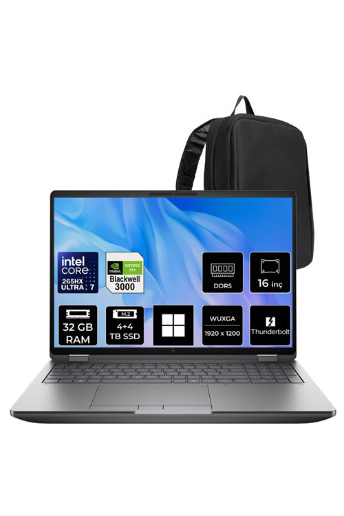ZBook Fury G1i Core Ultra 7 265HX RTX Pro 3000 Blackwell 12GB 32GB RAM 4TB + 4TB SSD 16" FHD+ Win11 Pro 5F9Q8ESPN522 İş İstasyonu + PER4 Çanta