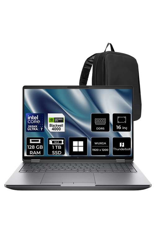 ZBook Fury G1i Core Ultra 7 265HX RTX Pro 4000 Blackwell 16GB 128GB RAM 1TB SSD 16" FHD+ Win11 Home C65H8ESPN471 İş İstasyonu + PER4 Çanta