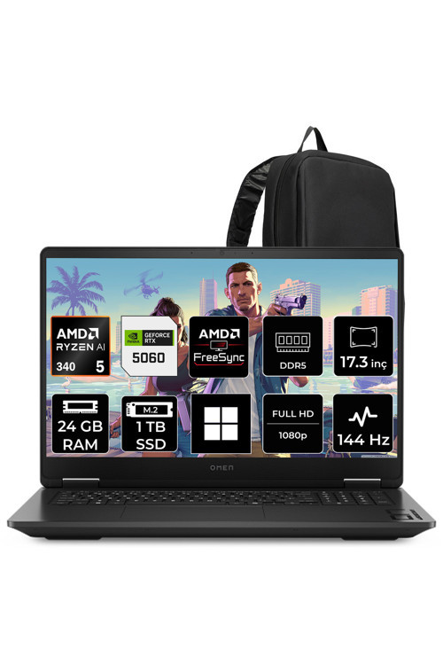 Omen 17 AMD Ryzen AI 5 340 RTX 5060 8GB 24GB RAM 1TB SSD 17.3" FHD 144Hz Win11 Home C2EZ7EAP315 Gaming Laptop + PER4 Çanta