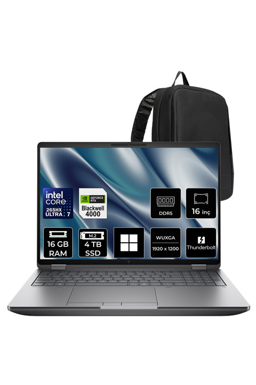 ZBook Fury G1i Core Ultra 7 265HX RTX Pro 4000 Blackwell 16GB 16GB RAM 2TB SSD 16" FHD+ Win11 Pro C65H8ESPN504 İş İstasyonu + PER4 Çanta