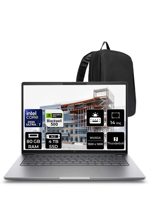 ZBook 8 G1i Core Ultra 7 255H RTX 500 Ada 4GB 80GB RAM 2TB SSD 14" FHD+ FreeDOS A3ZW7ETPN339 İş İstasyonu + PER4 Çanta