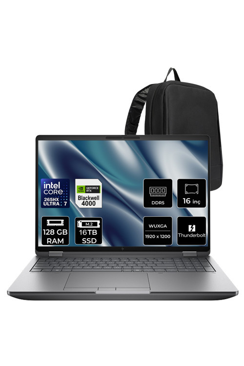 ZBook Fury G1i Core Ultra 7 265HX RTX Pro 4000 Blackwell 16GB 128GB RAM 12TB SSD 16" FHD+ FreeDOS C65H8ESPN379 İş İstasyonu + PER4 Çanta