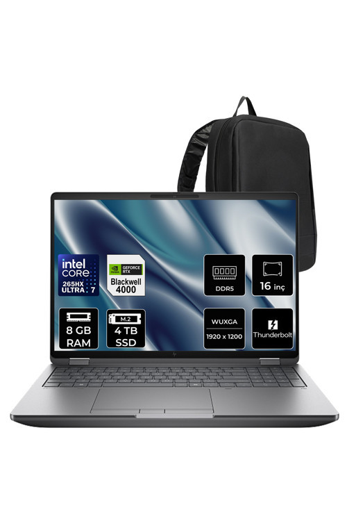 ZBook Fury G1i Core Ultra 7 265HX RTX Pro 4000 Blackwell 16GB 8GB RAM 4TB SSD 16" FHD+ FreeDOS C65H8ESPN305 İş İstasyonu + PER4 Çanta