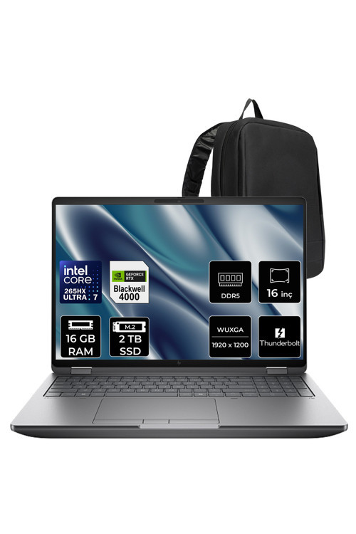 ZBook Fury G1i Core Ultra 7 265HX RTX Pro 4000 Blackwell 16GB 16GB RAM 2TB SSD 16" FHD+ FreeDOS C65H8ESPN312 İş İstasyonu + PER4 Çanta