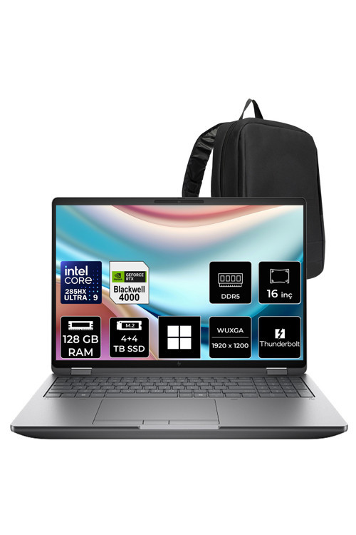 ZBook Fury G1i Core Ultra 9 285HX RTX Pro 4000 Blackwell 16GB 128GB RAM 4TB + 4TB SSD 16" FHD+ Win11 Home C65G3ESPN474 İş İstasyonu + PER4 Çanta