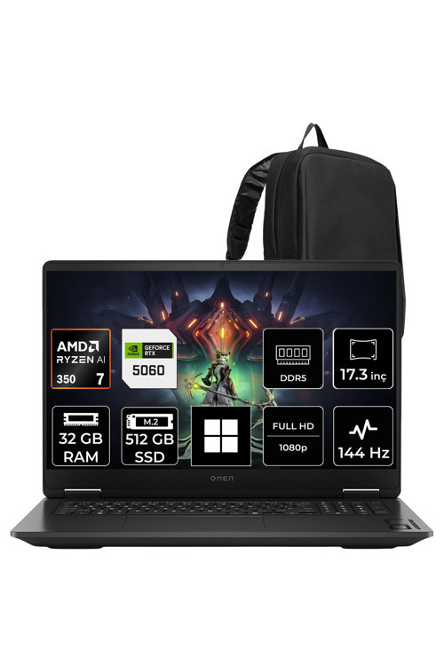 Omen 17 Ryzen AI 7 350 RTX 5060 8GB 32GB RAM 512GB SSD 17.3" FHD (1920x1080) 144Hz Win11 Home C2EZ3EAP320 Gaming Laptop + PER4 Çanta