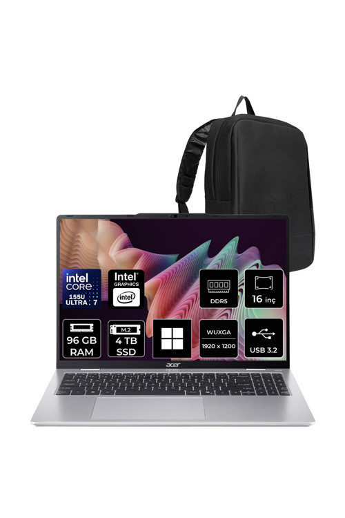Aspire Lite Core Ultra 7 155U 96GB 4TB SSD 16" FHD+ W11P Dizüstü Bilgisayar AL16-53P