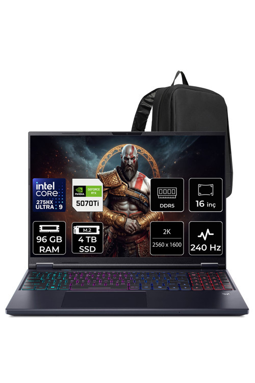 Predator Helios Neo 16 AI Ultra 9 275HX RTX 5070Ti 12GB 140W 96GB RAM 4TB SSD 16" WQXGA 240Hz FreeDOS NHQX4EY003P353 Gaming Laptop + PER4 Çanta