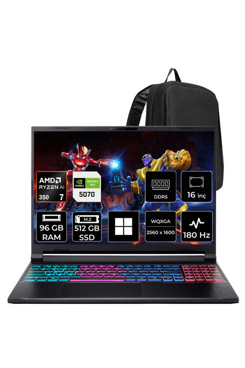 Nitro V 16S AMD Ryzen 7 350 RTX 5070 8GB 85W 96GB RAM 512GB SSD 16" WQXGA 180Hz Win11 Pro NHQXNEY003P350 Gaming Laptop + PER4 Çanta