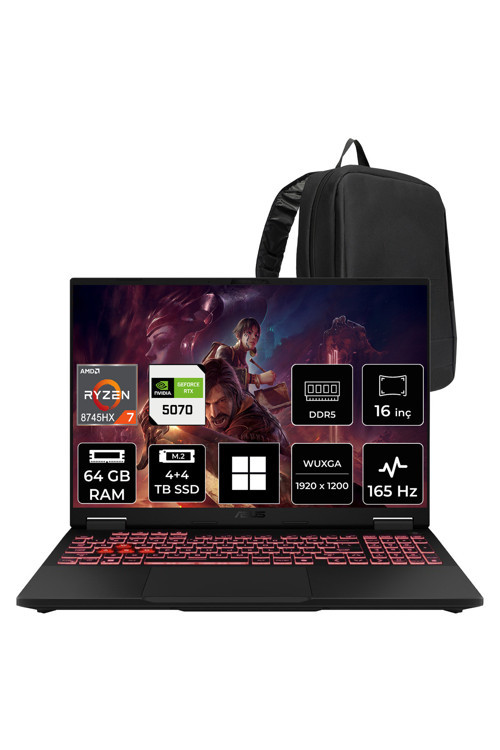 Tuf Gaming A16 AMD Ryzen 7 8745HX RTX 5070 8GB 115W 64GB RAM 4TB + 4TB SSD 16" WUXGA (1920x1200) IPS 165Hz Win11 Home FA608PPRV15P402 Gaming Laptop + PER4 Çanta