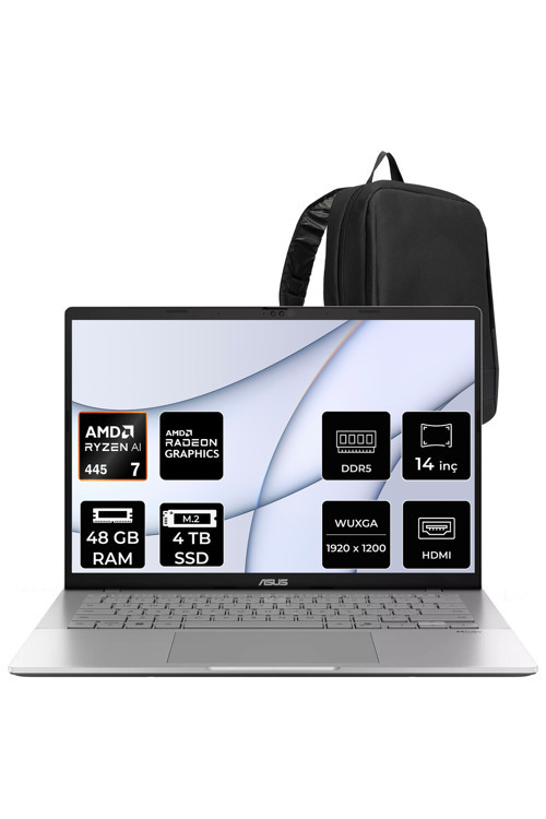 Vivobook S14 Ryzen AI 7 445 48GB RAM 4TB SSD 14" WUXGA (1920x1200) OLED 60Hz FreeDOS M3407GASF013WP329 Gaming Laptop + PER4 Çanta