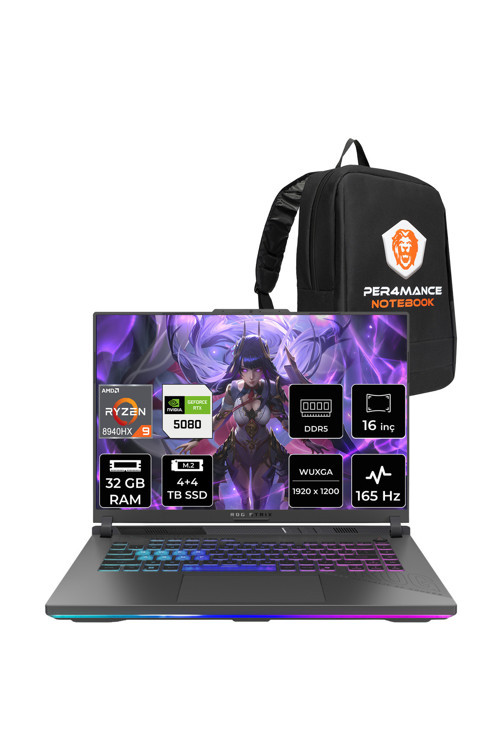 ROG Strix G16 Ryzen 9 8940HX RTX5080 16GB 32GB RAM 4+4TB SSD 16" FHD+ 165Hz FreeDos G614PWRV036P324 Gaming Laptop + PER4 Çanta