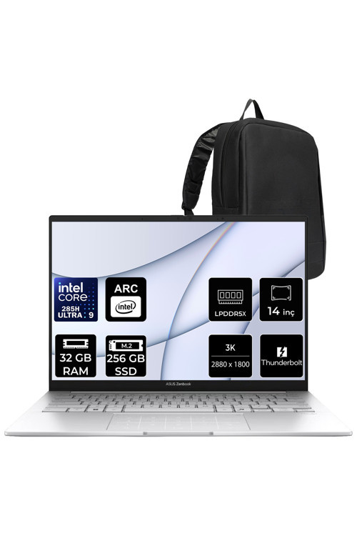 Zenbook 14 Intel Core Ultra 9 285H 32GB RAM 256GB SSD 14" 3K (2880x1800) OLED 120Hz FreeDOS UX3405CAST1169P301 Notebook + PER4 Çanta