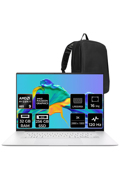 Zenbook S16 Ryzen AI 9 465 32GB RAM 256GB SSD 16" 3K (2880x1800) OLED 120Hz FreeDOS UM5606GASS308WP301 Notebook + PER4 Çanta