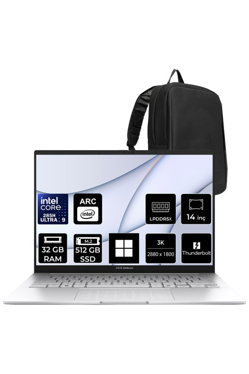 Zenbook 14 Intel Core Ultra 9 285H 32GB RAM 512GB SSD 14" 3K (2880x1800) OLED 120Hz Win11 Home UX3405CAST1169P307 Notebook + PER4 Çanta