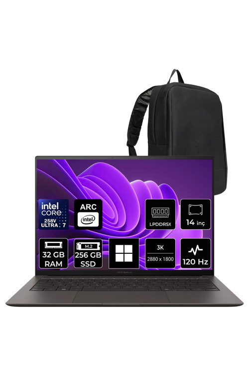 Zenbook S14 Intel Core Ultra 7 258V 32GB RAM 256GB SSD 14" 3K (2880x1800) OLED 120Hz Win11 Home UX5406SAPZ510WP306 Notebook + PER4 Çanta