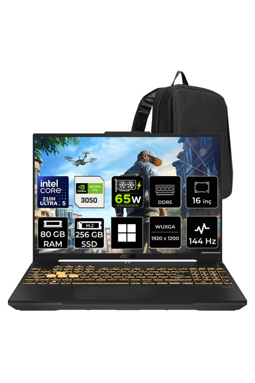 TUF Gaming F16 Intel Core 5 210H RTX 3050 6GB 65W 80GB RAM 256GB SSD 16" WUXGA (1920x1200) 144Hz IPS Win11 Pro FX607VJBRL037P463 Gaming Laptop + PER4 Çanta
