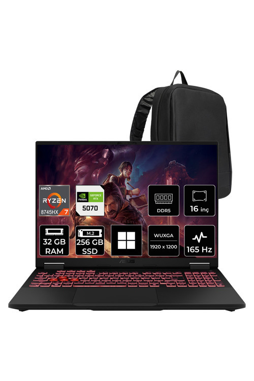 Tuf Gaming A16 AMD Ryzen 7 8745HX RTX 5070 8GB 115W 32GB RAM 256GB SSD 16" WUXGA (1920x1200) IPS 165Hz Win11 Pro FA608PPRV15P439 Gaming Laptop + PER4 Çanta