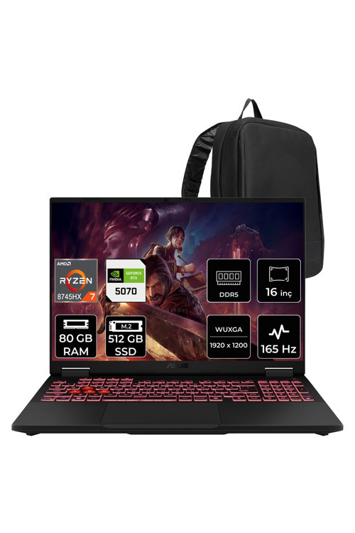 Tuf Gaming A16 AMD Ryzen 7 8745HX RTX 5070 8GB 115W 80GB RAM 512GB SSD 16" WUXGA (1920x1200) IPS 165Hz FreeDOS FA608PPRV15P344 Gaming Laptop + PER4 Çanta