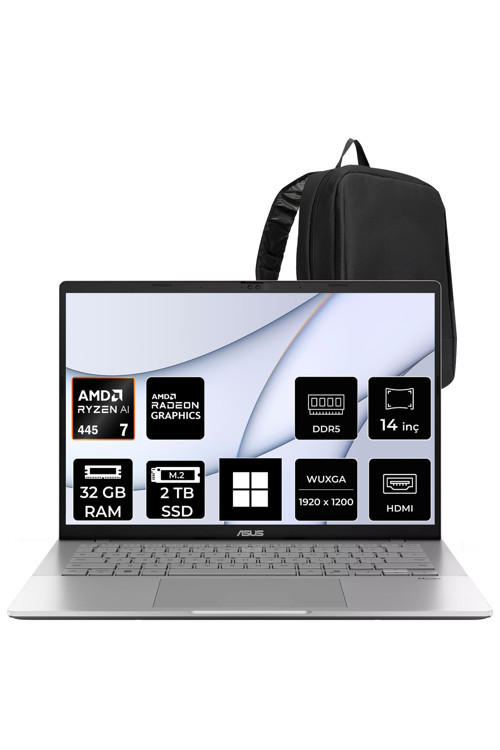 Vivobook S14 Ryzen AI 7 445 32GB RAM 2TB SSD 14" WUXGA (1920x1200) OLED 60Hz Win11 Home M3407GASF013WP322 Gaming Laptop + PER4 Çanta
