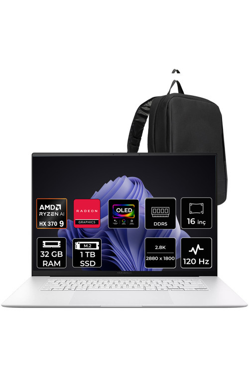 Zenbook S16 Ryzen AI 9 HX370 32GB RAM 1TB SSD 16" 3K (2880x1800) OLED 120Hz FreeDOS UM5606WARK295WP303 Notebook + PER4 Çanta