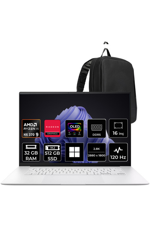 Zenbook S16 Ryzen AI 9 HX370 32GB RAM 512GB SSD 16" 3K (2880x1800) OLED 120Hz Win11 Pro UM5606WARK295WP312 Notebook + PER4 Çanta