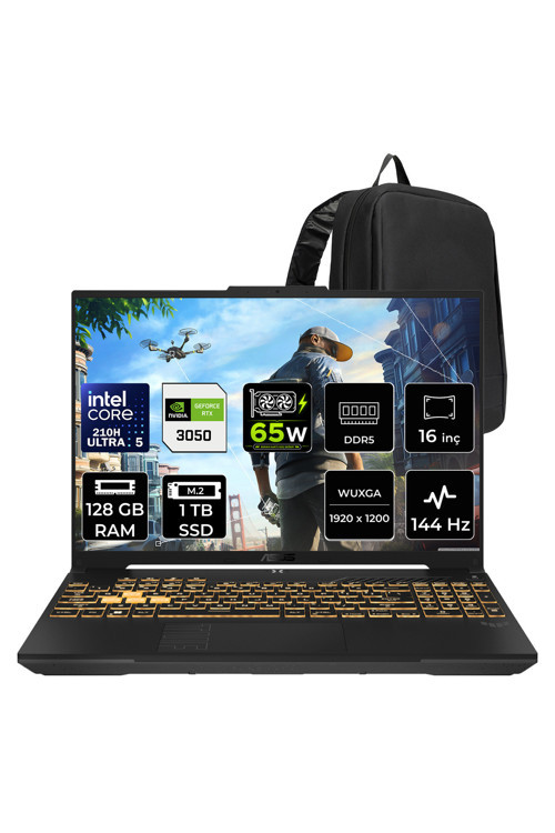 TUF Gaming F16 Intel Core 5 210H RTX 3050 6GB 65W 128GB RAM 1TB SSD 16" WUXGA (1920x1200) 144Hz IPS FreeDOS FX607VJBRL037P357 Gaming Laptop + PER4 Çanta